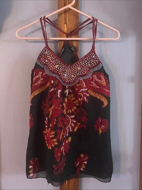 Angie Beaded Floral Camisole Tank Top - Red/Black